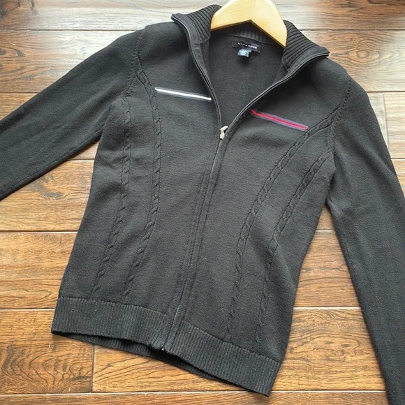 Tommy Hilfiger black logo cardigan zip up cable knit stretchy - Picture 1 of 10
